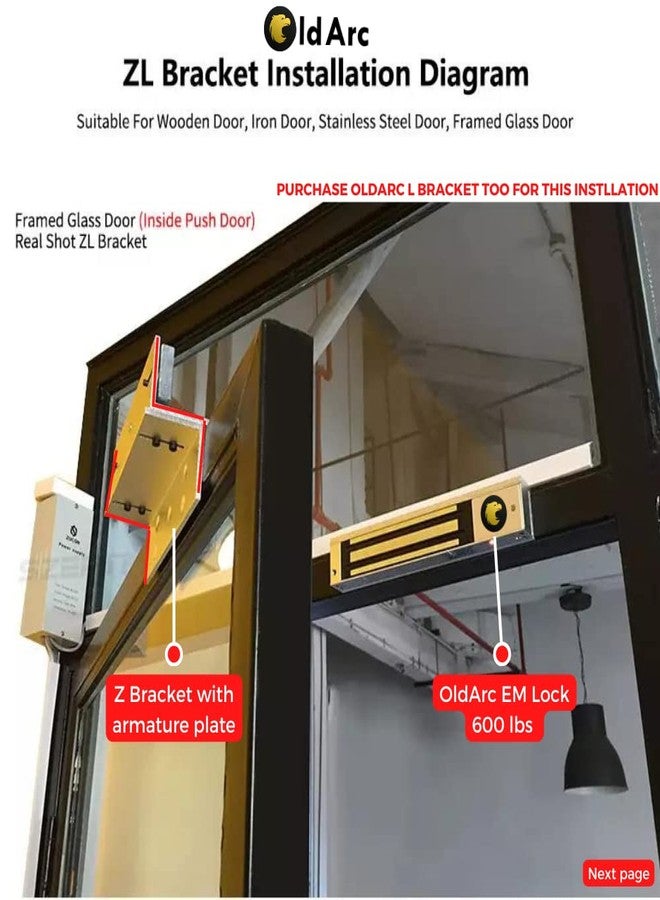 OldArc Z Bracket for 600lbs EM Lock, Suitable with Inward Opening Door, Silver Polished Finish,for in-Swing Door, ZL Bracket, High Strength, for Glass/Aluminium/Wooden Doors, Access Control - Image 3